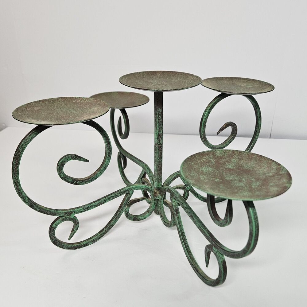 Vtg Candelabra Rustic Green Gothic Iron Metal Twist Candle hol Holder 5 Arms